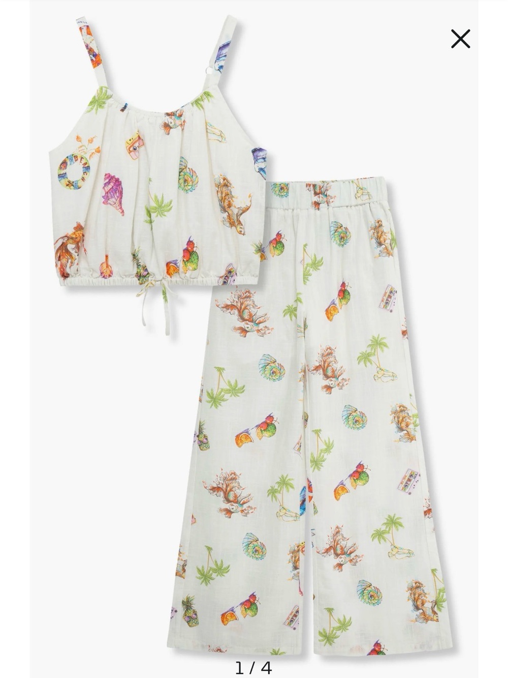 TRUCE KIDS Beach Print Lined ivory Cropped Tank & Wide Leg Pants 16 XL